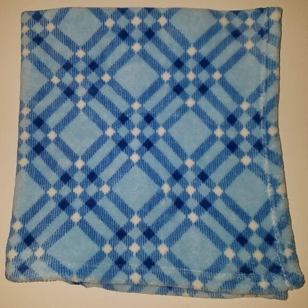Blue White Plaid Fleece Baby Blanket Lovey Soft Square 28